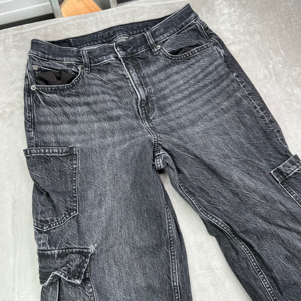 American Eagle Super High Rise Baggy Straight Cargo Jeans Women 8 X-Long Stretch - Picture 7 of 16